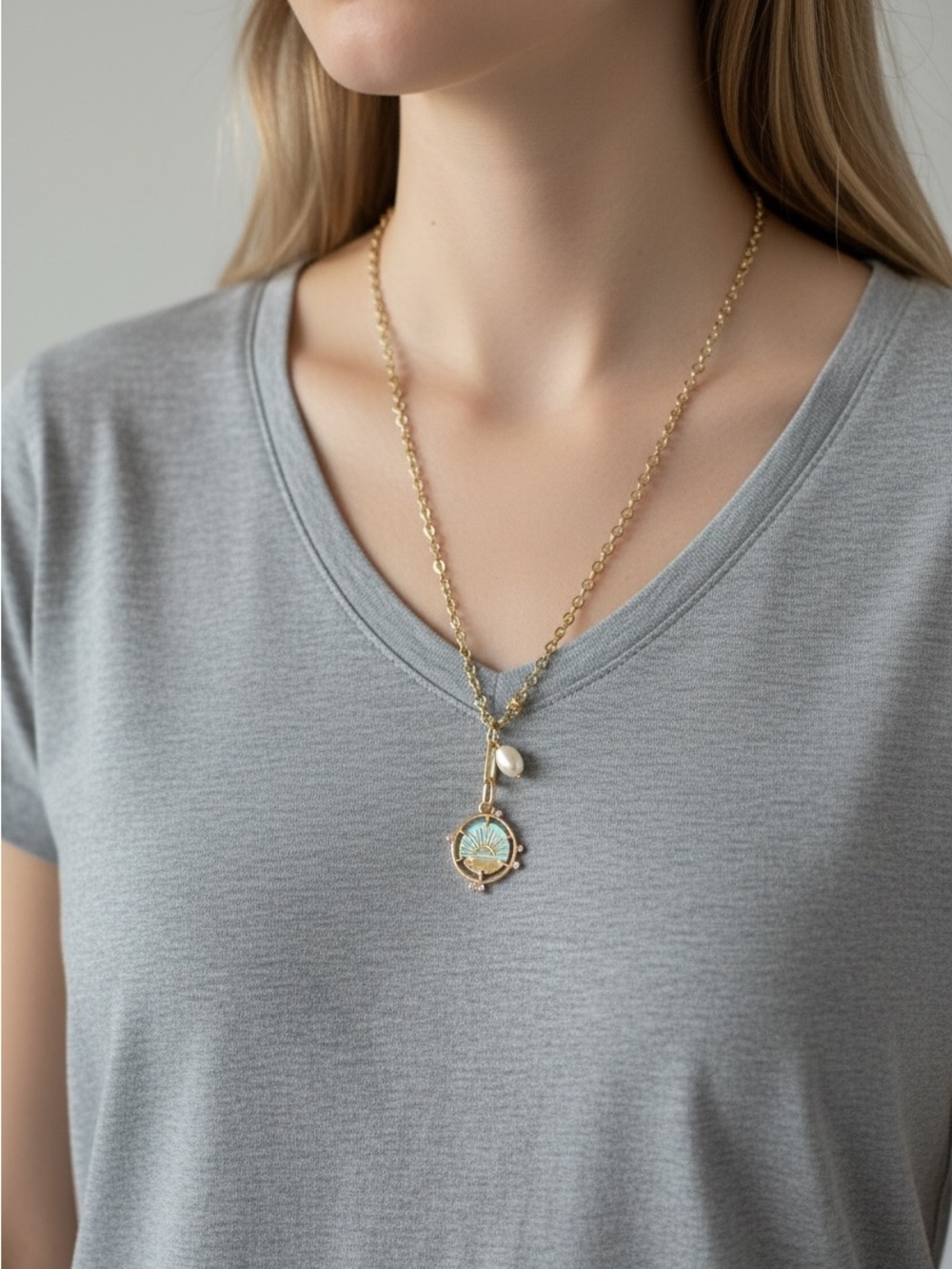 10/23 J. Crew Gold-Tone Shell Pendant Necklace with Turquoise Enamel and Pearl